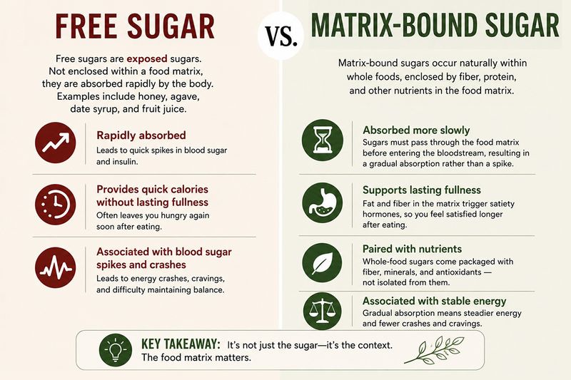 Side-by-side comparison of free sugars versus matrix-bound sugars showing how absorption speed differs